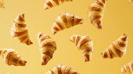 Levitating lush fresh croissants fly in the air on a yellow background