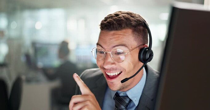 Happy man, call center and consulting with headphones for online advice, support or customer service at office. Young male person, consultant agent or virtual assistant on computer for telemarketing