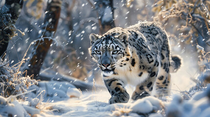 Elegant snow leopard prowling through a snowy - obrazy, fototapety, plakaty