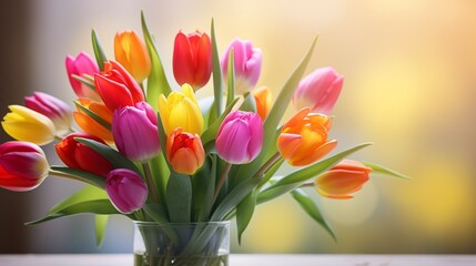 A vibrant bouquet of colorful tulips in a glass vase placed on a table
