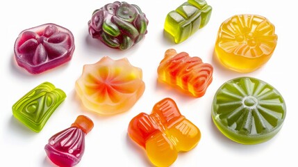 assorted jelly candies floating on white background. - obrazy, fototapety, plakaty