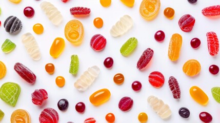 assorted jelly candies floating on white background. - obrazy, fototapety, plakaty