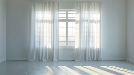 Backlit window with white curtains in empty room