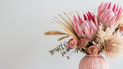 Beautiful dried flower arrangement in a stylish pink vase. In the flower bunch is pink King Proteas, - obrazy, fototapety, plakaty