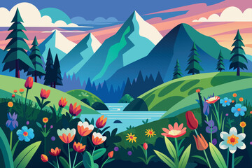 Fototapeta premium Flower And Mountain Landscape cartoon vector Illustration flat style artwork concept