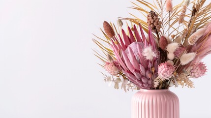 Beautiful dried flower arrangement in a stylish pink vase. In the flower bunch is pink King Proteas, - obrazy, fototapety, plakaty