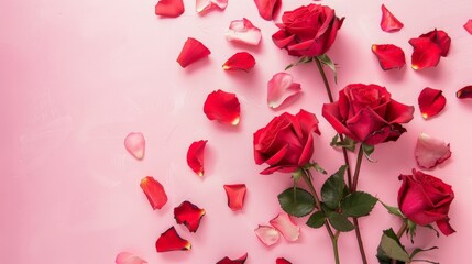 Beautiful red roses and petals on pale pink background, flat lay. Space for text