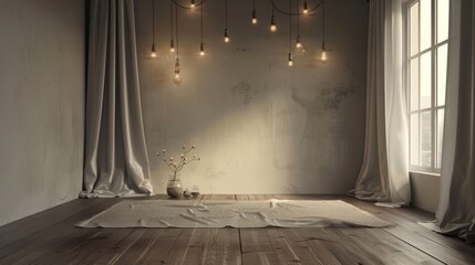 Empty brown and gray bedroom with wooden floor, light bulb wall decor, blank living room decor with gray and white curtain,