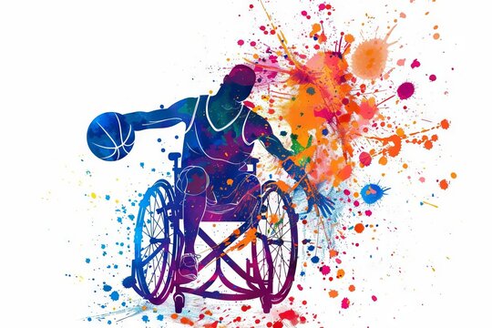 disabled basketball player in wheelchair colorful splatter paint silhouette inspiring vector art