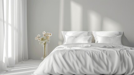 Interior of light bedroom with comfortable double bed and white pillows