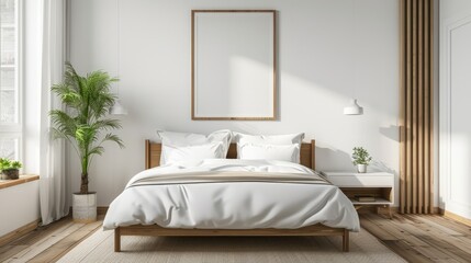 Interior of modern master bedroom with white walls, wooden floor, comfortable king size bed with two white bedside tables and horizontal mock up poster.