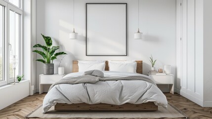 Fototapeta na wymiar Interior of modern master bedroom with white walls, wooden floor, comfortable king size bed with two white bedside tables and horizontal mock up poster.