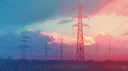 Fototapeta premium Transmission towers. Transmission towers collect electricity from wind turbines for sustainable energy. Clean power. Renewable energy infrastructure.