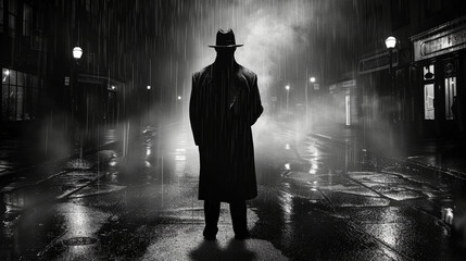 Film Noir Style: Male Detective Stands in Night Street Rain