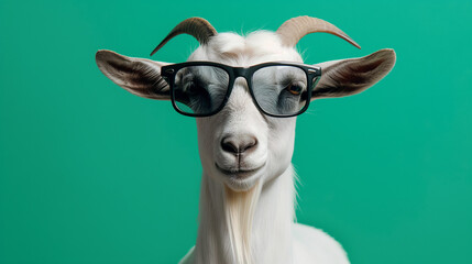 funny goat with glasses eating grass, funny bakra eid, eid ul adha, eid mubarak wallpaper with copy space