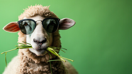 funny sheep with glasses eating grass, funny bakra eid, eid ul adha, eid mubarak wallpaper with copy space