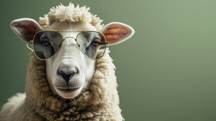 Fototapeta premium funny sheep with glasses eating grass, funny bakra eid, eid ul adha, eid mubarak wallpaper with copy space