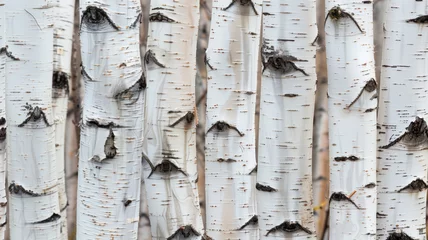 Foto op Plexiglas High quality photo of multiple birch tree trunks with a focus on the peeling bark and natural patterns, creating a cohesive texture throughout the scene © NK Project