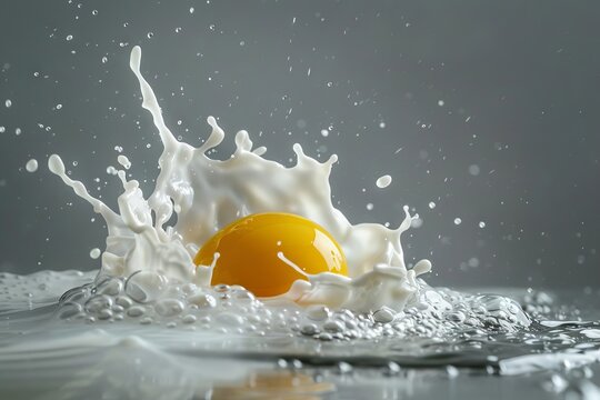 dynamic egg splash frozen in time contrasting gray background creative food concept photo