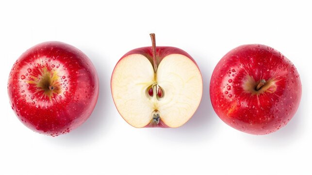 Red apple isolated. Whole apple, half and a slice on white background. Red appl set with clipping path.