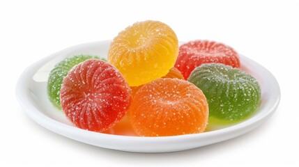 Several sweet jelly candies in a white ceramic plate, close-up, isolated on white.