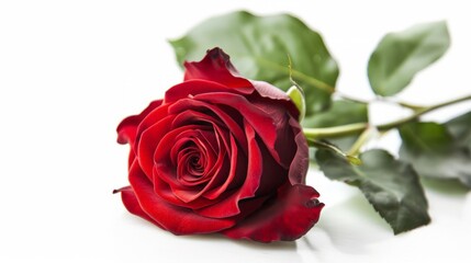 Single beautiful red rose isolated on white background