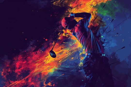 dynamic golfer swinging club vibrant paint splash effect sports art illustration