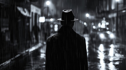 Film Noir Style: Male Detective Stands in Night Street Rain