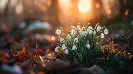 Snowdrops in the woods with a blurred backdrop
