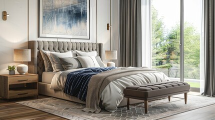 Stylish bedroom interior with large comfortable bed and ottoman near window - obrazy, fototapety, plakaty