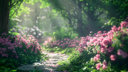  The soft crunch of gravel pathways and the vibrant colors of blossoms in full bloom, guiding your senses on a journey through a picturesque spring garden. 
 - obrazy, fototapety, plakaty
