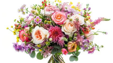 wedding bouquet isolated on white. Fresh, lush bouquet of colorful flowers. large bouquet of multicolored flowers of different species