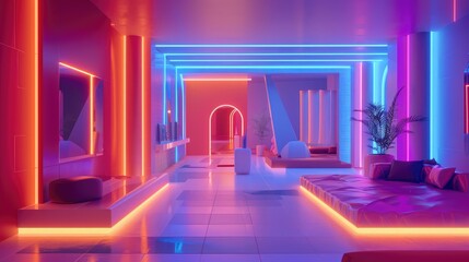 Surreal geometric shapes and glowing neon lights create abstract, futuristic floors and walls in a modern room.