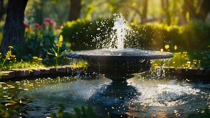  The soothing sound of water trickling from a fountain, its gentle murmur adding to the tranquil ambiance of a spring garden paradise. 
 - obrazy, fototapety, plakaty
