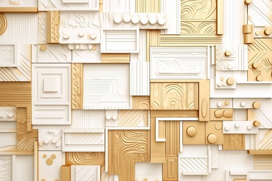 a wall of different shapes with a wooden frame and a white background.