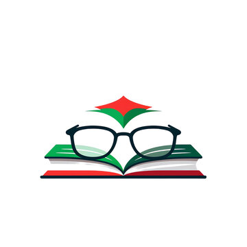 recommend clip art: Book and glasses logo with a red green white color scheme on top of an open textbook