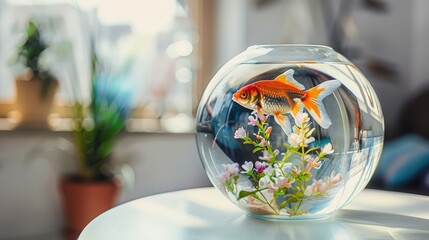 Beautiful bright small goldfish in round glass aquarium on white table indoors Space for text