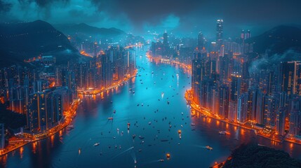 Aerial shot of a bustling city skyline with iconic Asian landmarks, capturing the energy and diversity of urban life - obrazy, fototapety, plakaty