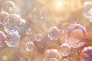Sunlit Dance of Iridescent Soap Bubbles - obrazy, fototapety, plakaty