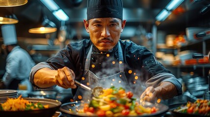 Close-up of a chef preparing a delectable Asian dish, highlighting the artistry of culinary creation - obrazy, fototapety, plakaty