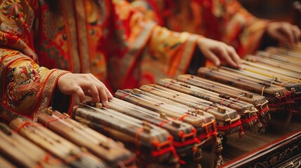 Close-up of traditional musical instruments being played, capturing the passion and rhythm of Asian music