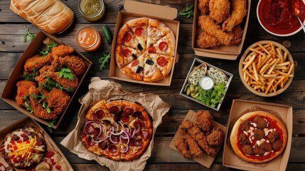 Buffet table scene of take out or delivery foods Pizza hamburgers fried chicken and sides Above...