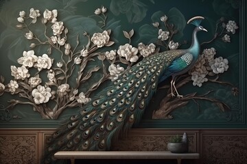 a peacock is painted on a wall with flowers and a painting of a peacock.