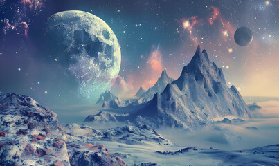 a pink planet on space, insane detail big moon in night sky Beautiful snow-capped mountains against the Fantastic starry sky. landscape and snow-capped peaks and the Beautiful starry night.
