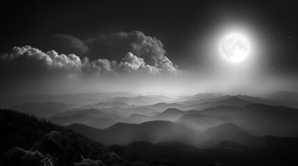 Realistic photo. Mountain view, in wilderness, look from high, beautiful sky night with lighting moon and stars, black and white, in dark night.