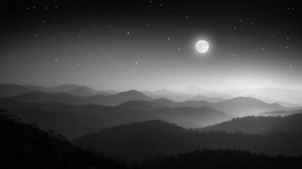 Realistic photo. Mountain view, in wilderness, look from high, beautiful sky night with lighting moon and stars, black and white, in dark night.