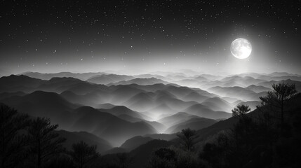 Fototapeta na wymiar Realistic photo. Mountain view, in wilderness, look from high, beautiful sky night with lighting moon and stars, black and white, in dark night.