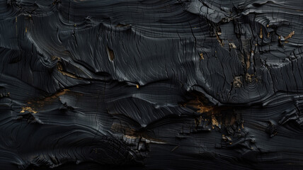 High quality photo of a beautifully charred wood texture, showcasing deep black hues with delicate golden highlights, perfect for unique and elegant design themes