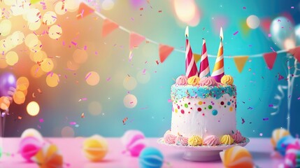 Colorful birthday party background with birthday cake and party hats