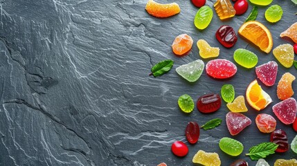 Colorful candies, jelly and marmalade on stone background. Top view with copy space - obrazy, fototapety, plakaty